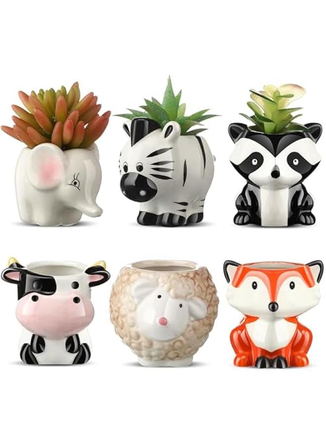 Yulejo 6 Pack Succulent Pots,  3 Inch Small AnimalCeramic Planter Pot with Drainage Hole and Bamboo Tray, Small Indoor Ceramic Pots, Succulent Cactus Herb Home Office Balcony Decor - Image 1