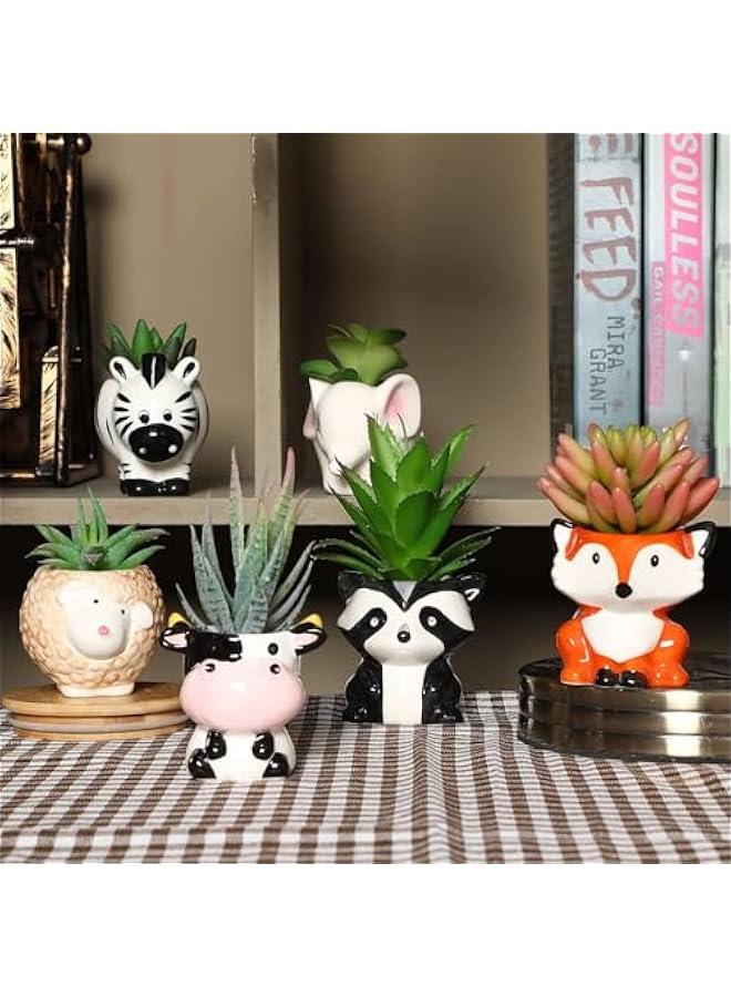 Yulejo 6 Pack Succulent Pots,  3 Inch Small AnimalCeramic Planter Pot with Drainage Hole and Bamboo Tray, Small Indoor Ceramic Pots, Succulent Cactus Herb Home Office Balcony Decor - Image 3