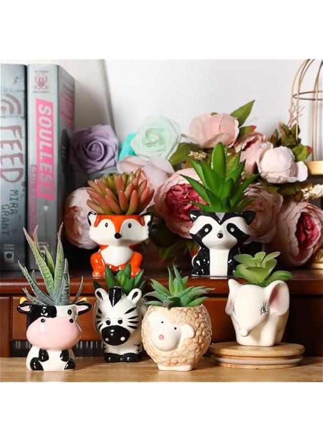 Yulejo 6 Pack Succulent Pots,  3 Inch Small AnimalCeramic Planter Pot with Drainage Hole and Bamboo Tray, Small Indoor Ceramic Pots, Succulent Cactus Herb Home Office Balcony Decor - Image 2