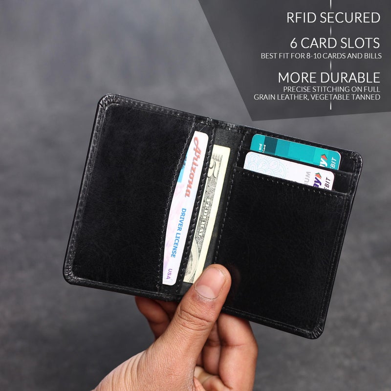 FOXHACKLE Leather Credit Card Holder for Men and Women, Thin Bifold RFID Blocking Wallet, Slim Front Pocket Minimalist Wallet, Small Black Color Card Case. - Image 2
