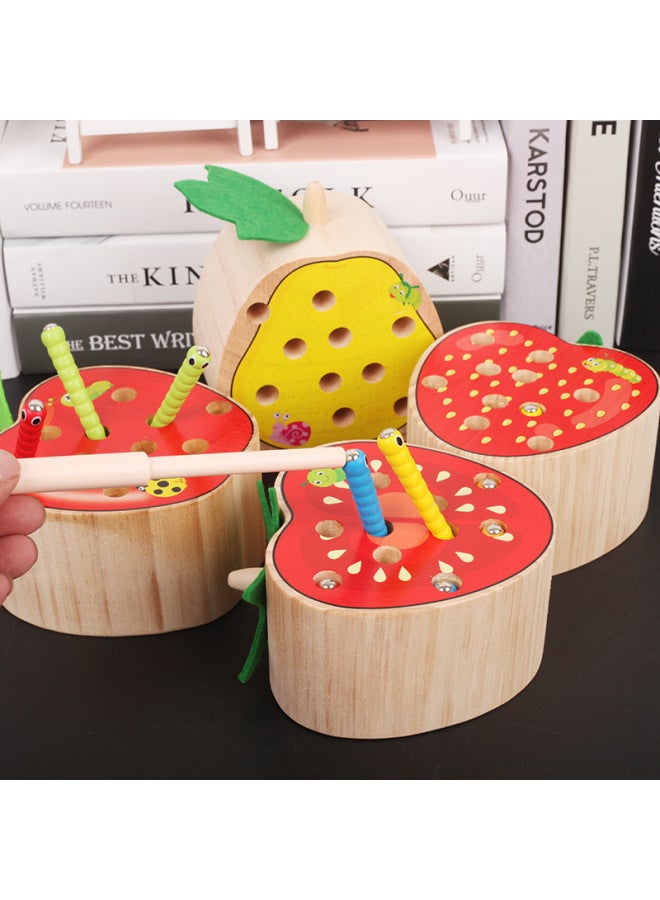 Children's Fun Early Education Wooden Magnetic Fruit Catch Bugs Baby Catch Bugs Educational Toys 1-2-3-4 Years Old-Color:For Apple Style - Image 5