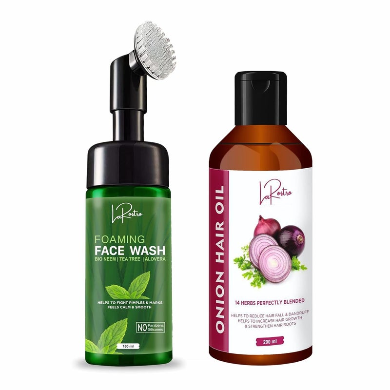 La Rostro Combo Foaming Face Wash I Bio Neem I Tea Tree I Aloe Vera 160 ml and Onion Hair Oil For Hair Growth Hair Fall Control 200ml - Image 1