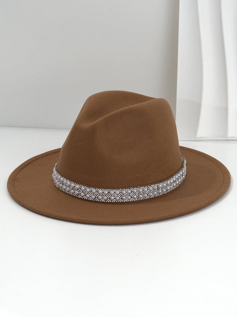 Men'S And Women'S French Felt Topper Hat Wide Accessories Blue Pearl Gem Rhinestone Belt Retro Jazz Hat Bridesmaid Wedding - Image 1