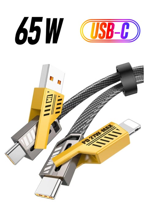 65W 4-in-1 Fast Charging Cable - Flat Braided USB C to USB C, USB A, and Lightning Combo