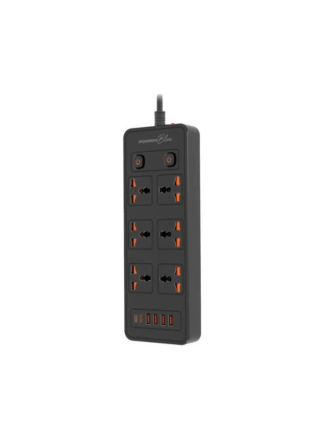 porodo Blue 6 AC Sockets Power Strip with ×4 USB-A & ×2 USB-C Ports, 3000W Rated Power, Premium Material, 3m Cable Length, UK 3-Pin Power Plug, Dual Power Switch Control, Safety Shutter, 13A Maximum Current - Black - Image 1