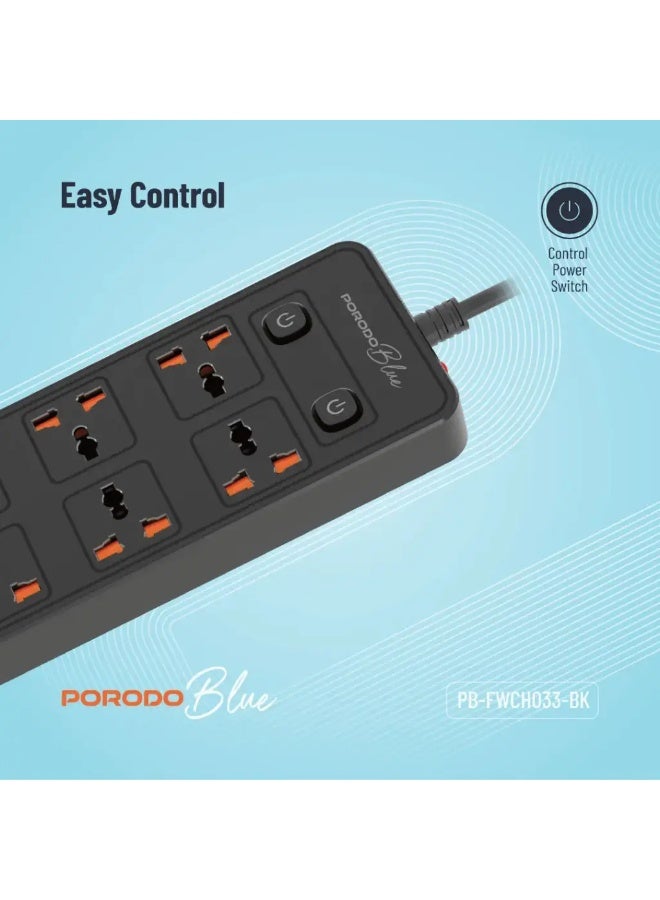 porodo Blue 6 AC Sockets Power Strip with ×4 USB-A & ×2 USB-C Ports, 3000W Rated Power, Premium Material, 3m Cable Length, UK 3-Pin Power Plug, Dual Power Switch Control, Safety Shutter, 13A Maximum Current - Black - Image 5