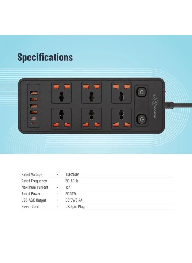 porodo Blue 6 AC Sockets Power Strip with ×4 USB-A & ×2 USB-C Ports, 3000W Rated Power, Premium Material, 3m Cable Length, UK 3-Pin Power Plug, Dual Power Switch Control, Safety Shutter, 13A Maximum Current - Black - Image 2