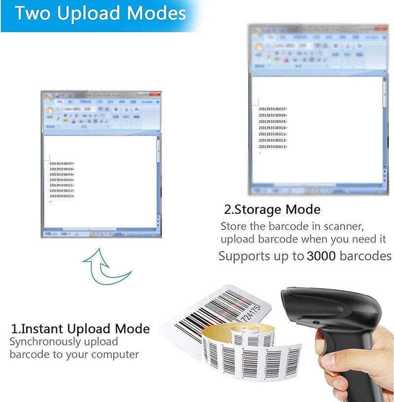 سيمكود ماسح الباركود اللاسلكي متعدد الاستخدامات 2 في 1 (لاسلكي 2.4 جيجاهرتز + سلكي USB 2.0) ماسح باركود ليزري أحادي البعد محمول أوتوماتيكي، مسافة نقل 328 قدم، قابل لإعادة الشحن، ماسح باركود ليزري أحادي البعد - Image 3