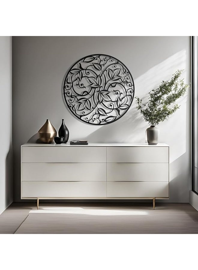 MIRFA Wooden Wall Art With Self Adhesive Base - Black (Leaf & Vine In Round Mandala) - Image 2