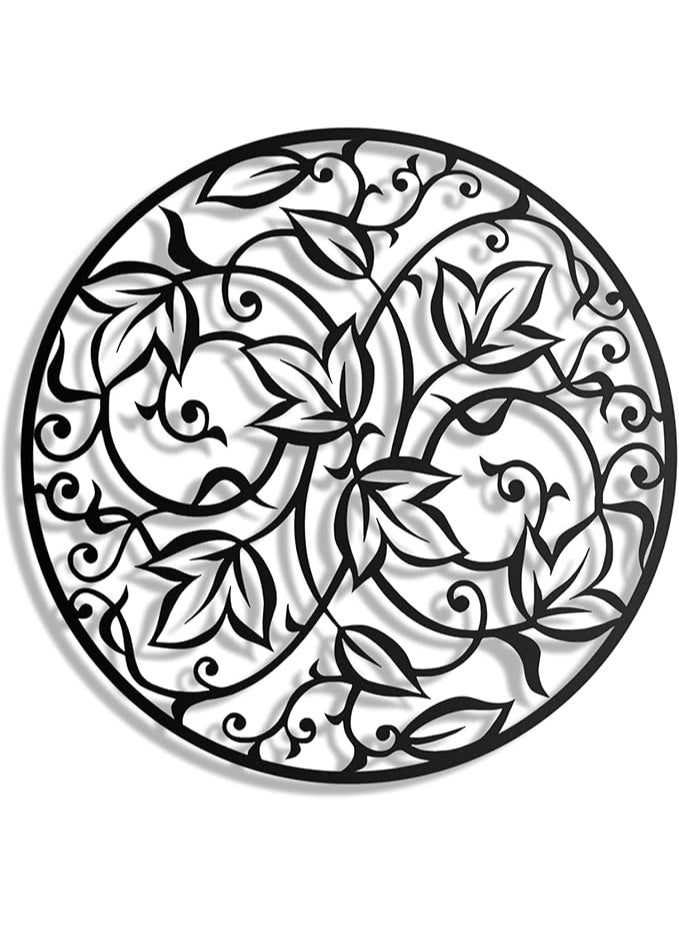 MIRFA Wooden Wall Art With Self Adhesive Base - Black (Leaf & Vine In Round Mandala) - Image 1
