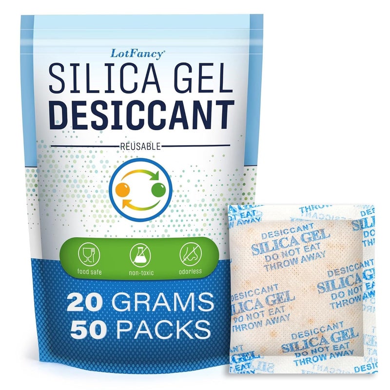 LotFancy Silica Gel Desiccant Packets, 20 Gram 50 Packs, Rechargeable Desiccant Dehumidifier with indicating Beads (Orange to Green), Non-Toxic Moisture Absorber Bag for Documents Shoes Gun Storage - Image 1