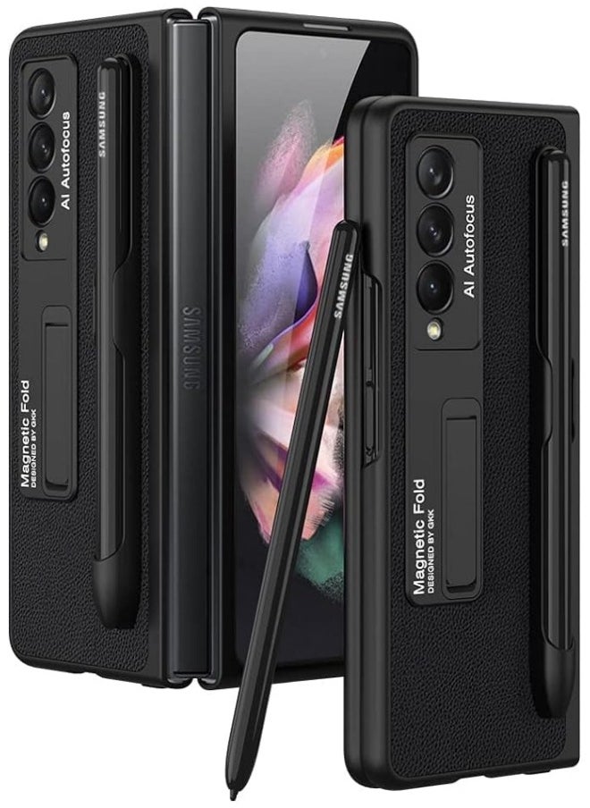 Generic Case Compatible with Samsung Galaxy Z Fold 3, Z Fold 3 Case Leather with Kickstand Folio Flip Phone Case with S Pen Holder, Cover Designed for Galaxy Z Fold 3 5G (Black)  - Image 1