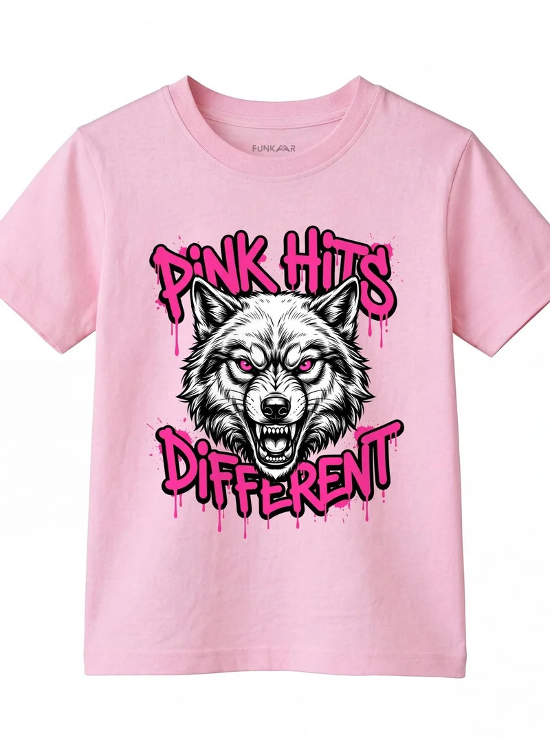 Funkaar Pink Hits Different Wolf Kids T-Shirt – Unisex Cotton Tee