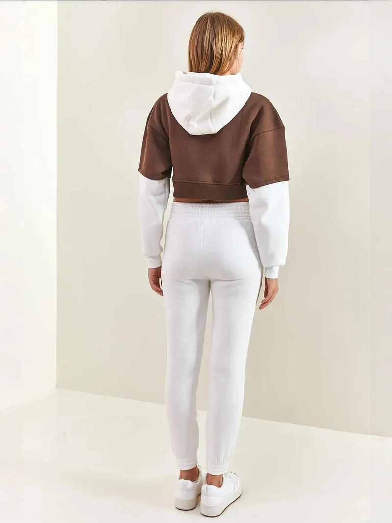 Bianco Lucci LUCCI Hooded Crop Sweatshirt and Skinny Leg Tracksuit Set