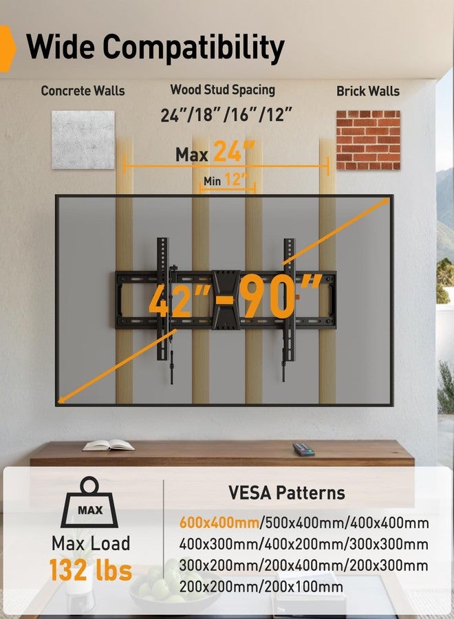 Perlegear Tilting TV Wall Mount for 42-90 TVs with Leveling Adjustment, Max VESA 800x400mm，Fits Most 65 75 85 86 Inch Low-Profile TV Mount Wall Bracket up to 132 lbs, Fits 12"/16"/18"/24" Studs - Image 2