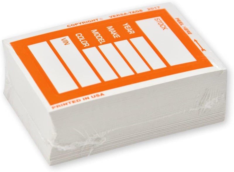 Versa-Tags Car Dealer Stock Stickers Improved Design 100 Orange Inventory Window Stickers Car Dealer Window Stickers Kleer-bak Windshield Stickers Printed in The USA 3'' x 4" - Image 3