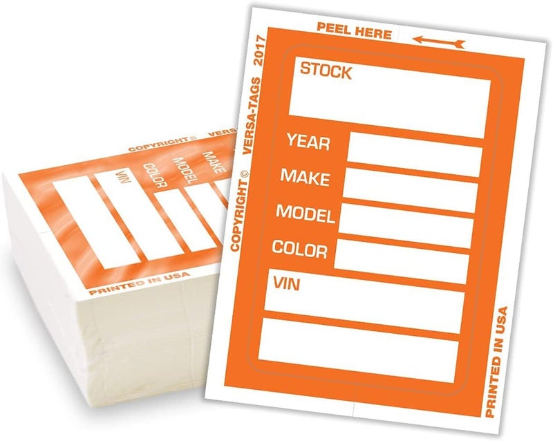Versa-Tags Car Dealer Stock Stickers Improved Design 100 Orange Inventory Window Stickers Car Dealer Window Stickers Kleer-bak Windshield Stickers Printed in The USA 3'' x 4" - Image 1