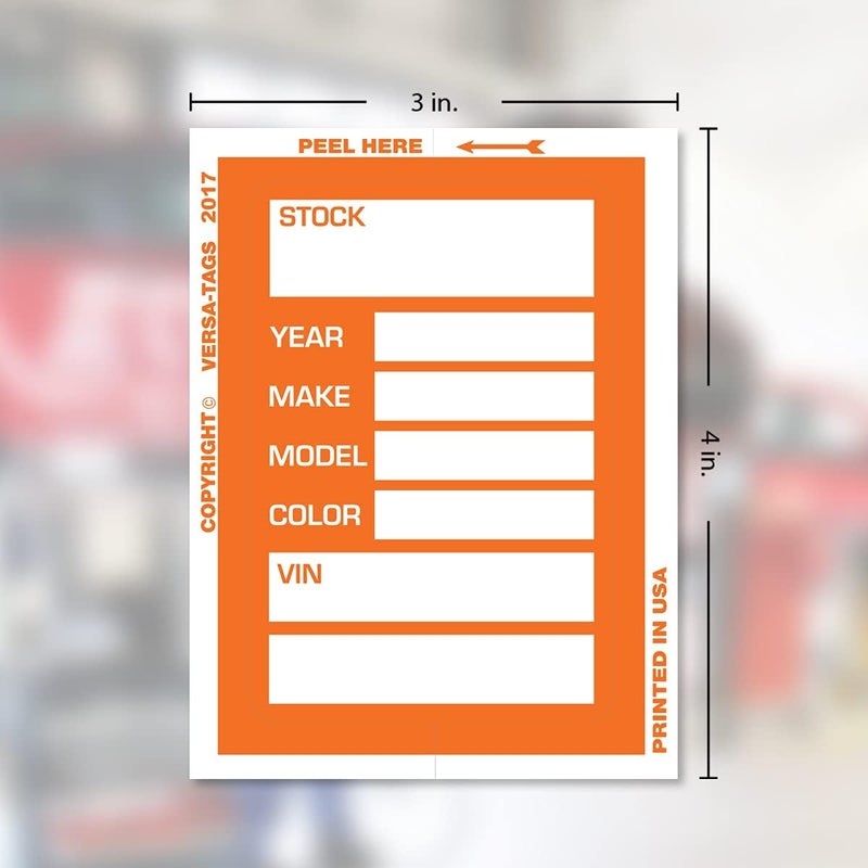 Versa-Tags Car Dealer Stock Stickers Improved Design 100 Orange Inventory Window Stickers Car Dealer Window Stickers Kleer-bak Windshield Stickers Printed in The USA 3'' x 4" - Image 5