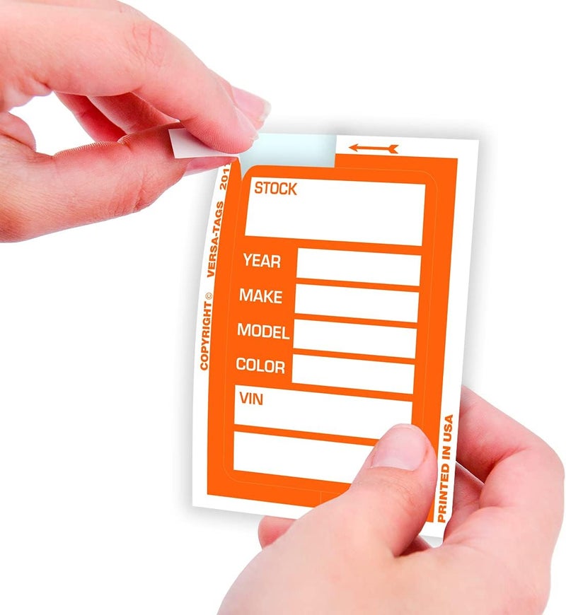 Versa-Tags Car Dealer Stock Stickers Improved Design 100 Orange Inventory Window Stickers Car Dealer Window Stickers Kleer-bak Windshield Stickers Printed in The USA 3'' x 4" - Image 2