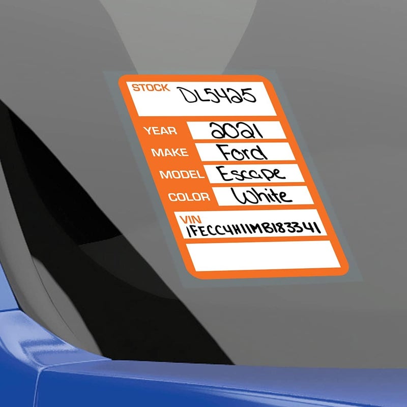 Versa-Tags Car Dealer Stock Stickers Improved Design 100 Orange Inventory Window Stickers Car Dealer Window Stickers Kleer-bak Windshield Stickers Printed in The USA 3'' x 4" - Image 4
