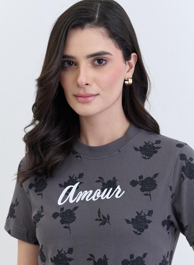 Styli Women Charcoal Floral Graphic 100% Cotton T-Shirt - Image 3