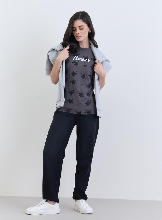 Styli Women Charcoal Floral Graphic 100% Cotton T-Shirt - Image 2