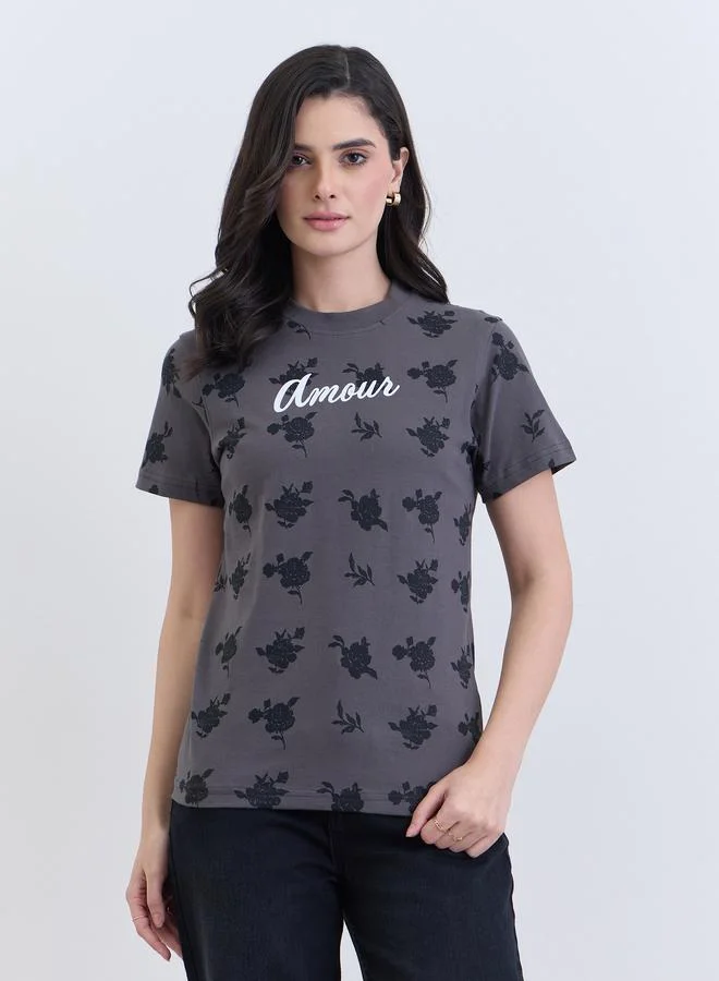 Women Charcoal Floral Graphic 100% Cotton T-Shirt