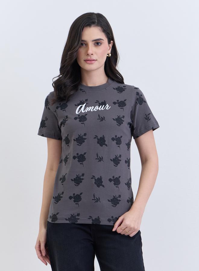 Styli Women Charcoal Floral Graphic 100% Cotton T-Shirt - Image 1