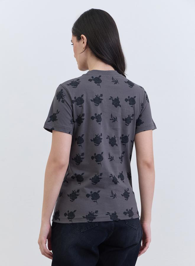 Styli Women Charcoal Floral Graphic 100% Cotton T-Shirt - Image 4