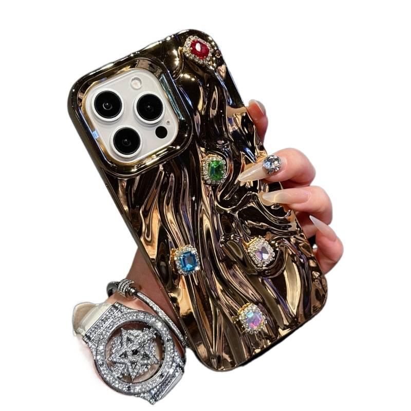 LS غطاء واقي بTPU لـ iPhone 14 / 14 Plus / 14 Pro / 14 Pro Max مع حماية من السقوط ونقشة الماس المطوي الفاخرة مع مقاوم للصدمات مع لمسة نهائية مطلية بالكهرباء مع مقاوم للخدش باللون Gol. - Image 1