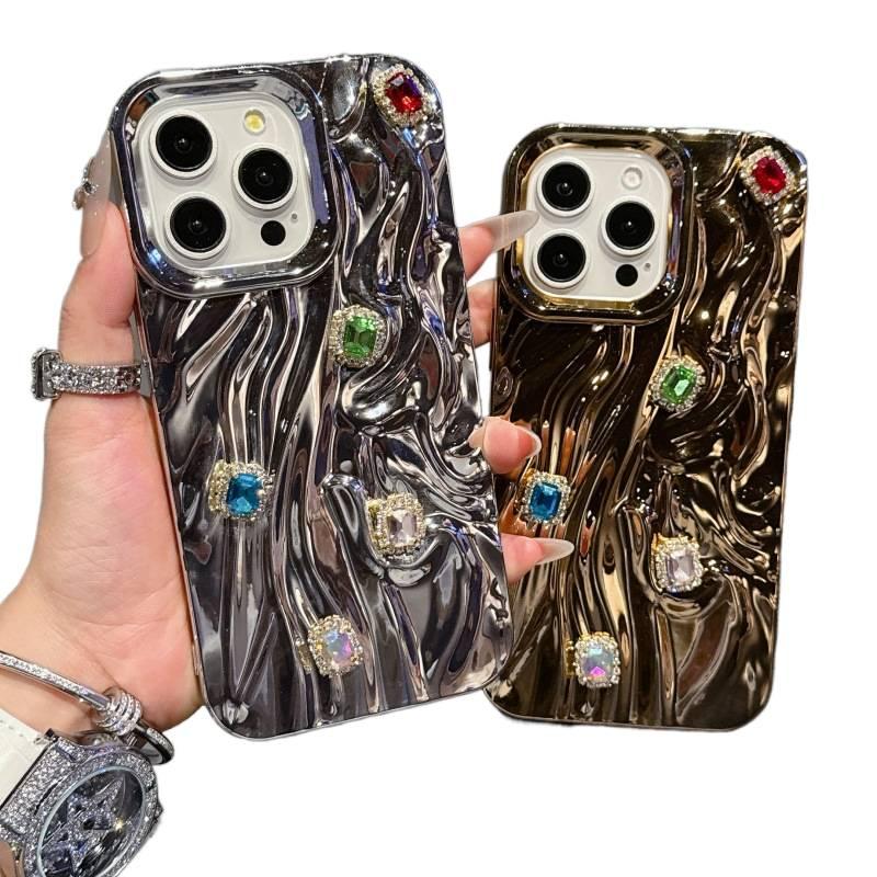 LS غطاء واقي بTPU لـ iPhone 14 / 14 Plus / 14 Pro / 14 Pro Max مع حماية من السقوط ونقشة الماس المطوي الفاخرة مع مقاوم للصدمات مع لمسة نهائية مطلية بالكهرباء مع مقاوم للخدش باللون Gol. - Image 2