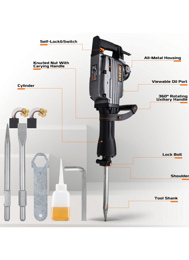 KSEIBI Demolition Hammer 1400W, Concrete Breaker for Chipping Away at Bricks, Tiles & Stone. MAX 1400W Electric Jackhammer Heavy Duty/Pavement Breaker with Carrying Case Flat Chisel & Point Chisel.  - Image 2