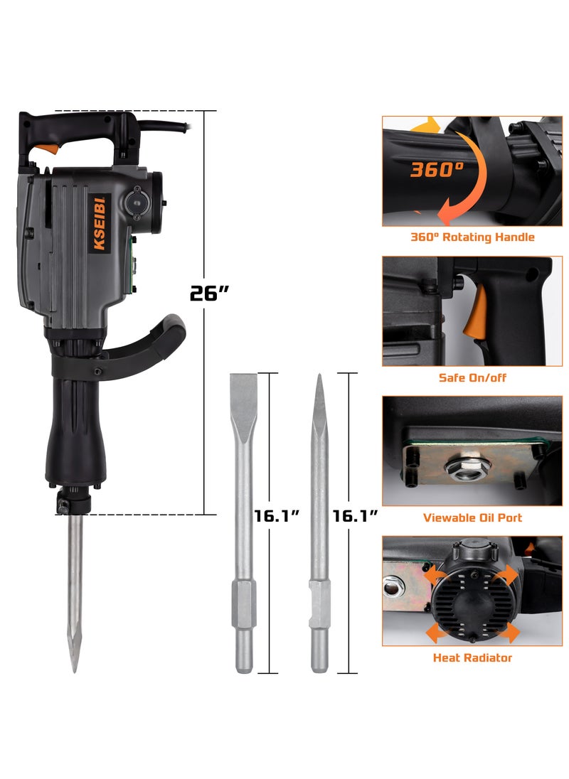 KSEIBI Demolition Hammer 1400W, Concrete Breaker for Chipping Away at Bricks, Tiles & Stone. MAX 1400W Electric Jackhammer Heavy Duty/Pavement Breaker with Carrying Case Flat Chisel & Point Chisel.  - Image 3