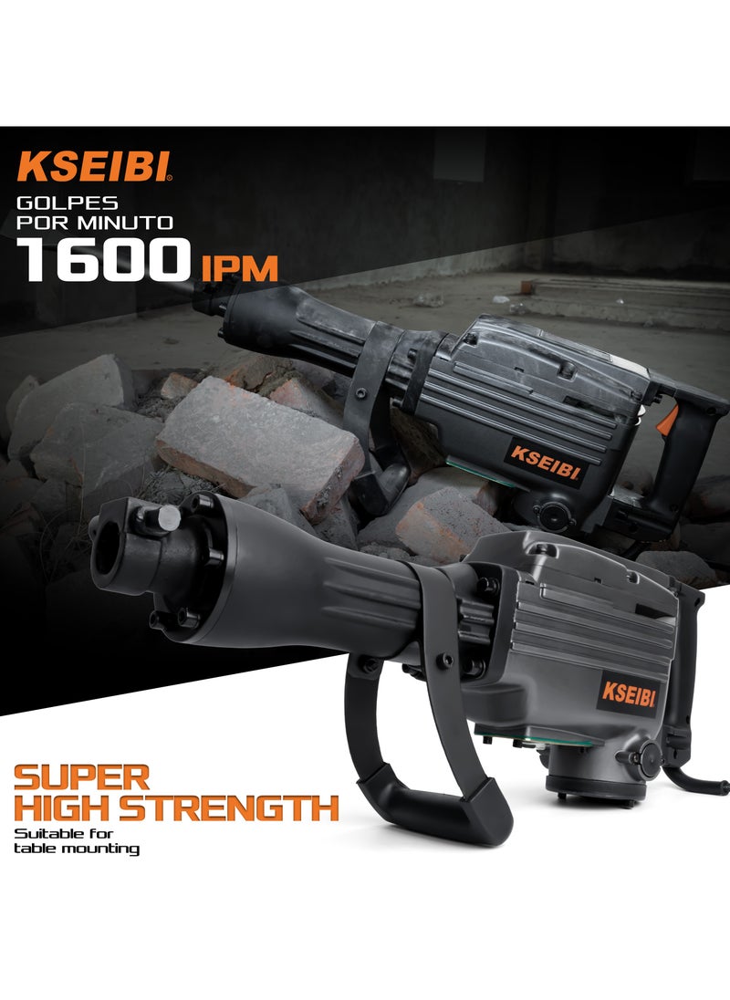 KSEIBI Demolition Hammer 1400W, Concrete Breaker for Chipping Away at Bricks, Tiles & Stone. MAX 1400W Electric Jackhammer Heavy Duty/Pavement Breaker with Carrying Case Flat Chisel & Point Chisel.  - Image 4