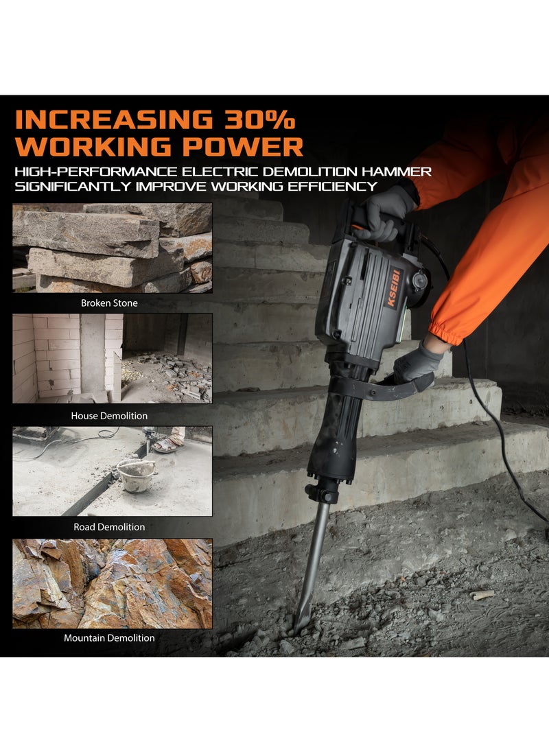 Demolition Hammer 1400W, Concrete Breaker for Chipping Away at Bricks, Tiles & Stone. MAX 1400W Electric Jackhammer Heavy Duty/Pavement Breaker with Carrying Case Flat Chisel & Point Chisel.