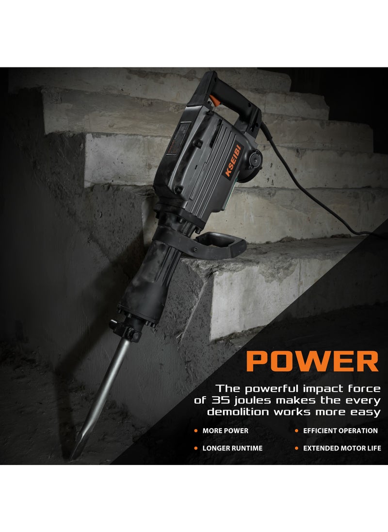 Demolition Hammer 1400W, Concrete Breaker for Chipping Away at Bricks, Tiles & Stone. MAX 1400W Electric Jackhammer Heavy Duty/Pavement Breaker with Carrying Case Flat Chisel & Point Chisel.