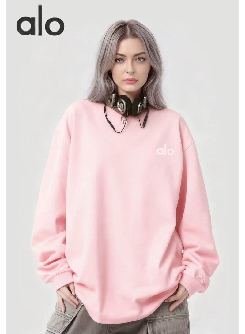 Alo Yoga loose casual long sleeved round neck T-shirt - suitable for both men and women, 100% cotton 250G sports shirt with logo, casual and fashionable Chinese street wear - pink girls' fashion clothing - Image 1