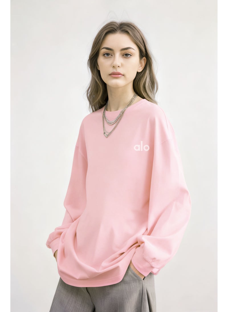 Alo Yoga loose casual long sleeved round neck T-shirt - suitable for both men and women, 100% cotton 250G sports shirt with logo, casual and fashionable Chinese street wear - pink girls' fashion clothing - Image 3