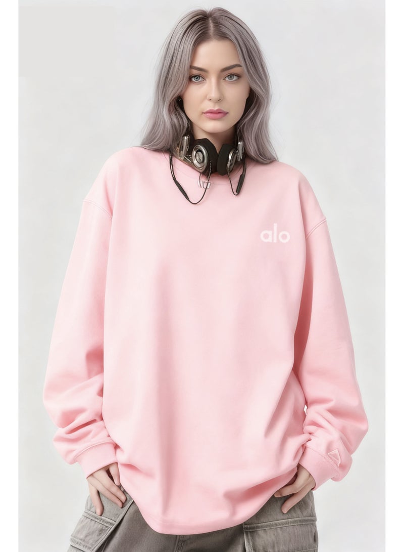 Alo Yoga loose casual long sleeved round neck T-shirt - suitable for both men and women, 100% cotton 250G sports shirt with logo, casual and fashionable Chinese street wear - pink girls' fashion clothing - Image 5