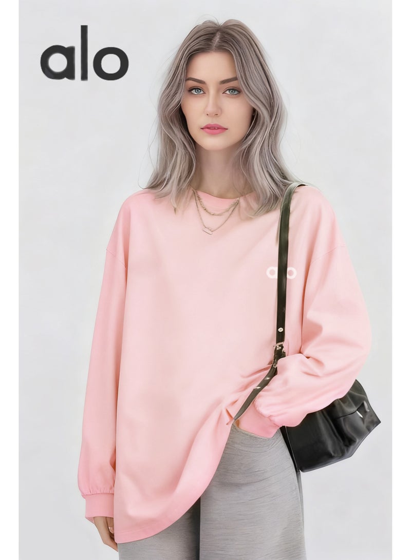 Alo Yoga loose casual long sleeved round neck T-shirt - suitable for both men and women, 100% cotton 250G sports shirt with logo, casual and fashionable Chinese street wear - pink girls' fashion clothing - Image 2