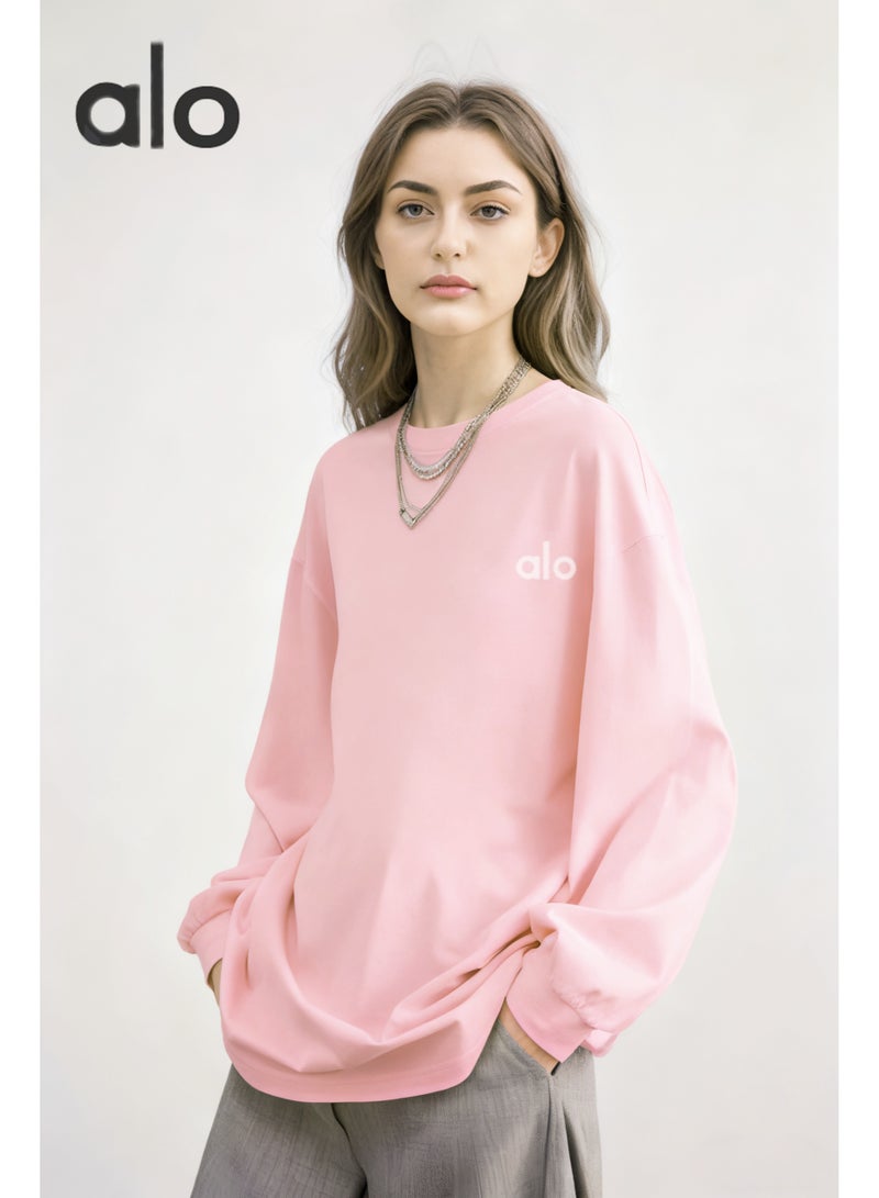 Alo Yoga loose casual long sleeved round neck T-shirt - suitable for both men and women, 100% cotton 250G sports shirt with logo, casual and fashionable Chinese street wear - pink girls' fashion clothing - Image 4