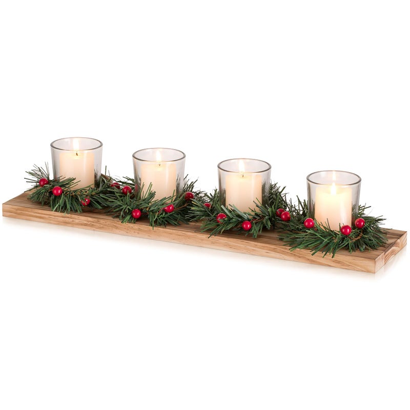 Romadedi Christmas Candle Holder for Table Centrepiece Decoration Romadedi Rustic 4 Tealight Holders with Mini Christmas Wreaths Wooden Tray for Xmas Winter Dinner Table Home Decor Gift 165 Inches - Image 2