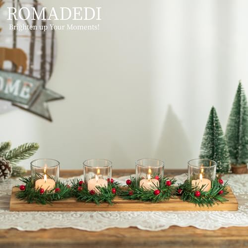 Romadedi Christmas Candle Holder for Table Centrepiece Decoration Romadedi Rustic 4 Tealight Holders with Mini Christmas Wreaths Wooden Tray for Xmas Winter Dinner Table Home Decor Gift 165 Inches - Image 3