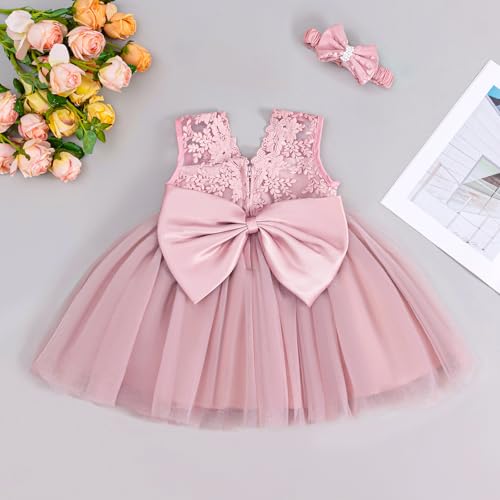 DPKM Lace Flower Baby Girl Dress with Big Bowknot Toddler Tulle Tutu for Formal Birthday Party - Image 3
