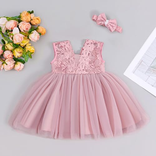 DPKM Lace Flower Baby Girl Dress with Big Bowknot Toddler Tulle Tutu for Formal Birthday Party - Image 4