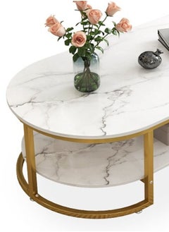 NKX Oval Coffee Table White Marble design with Gold Steel Frame and Glass  - Image 5