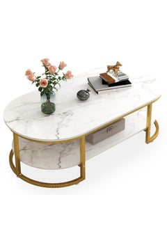 NKX Oval Coffee Table White Marble design with Gold Steel Frame and Glass  - Image 2
