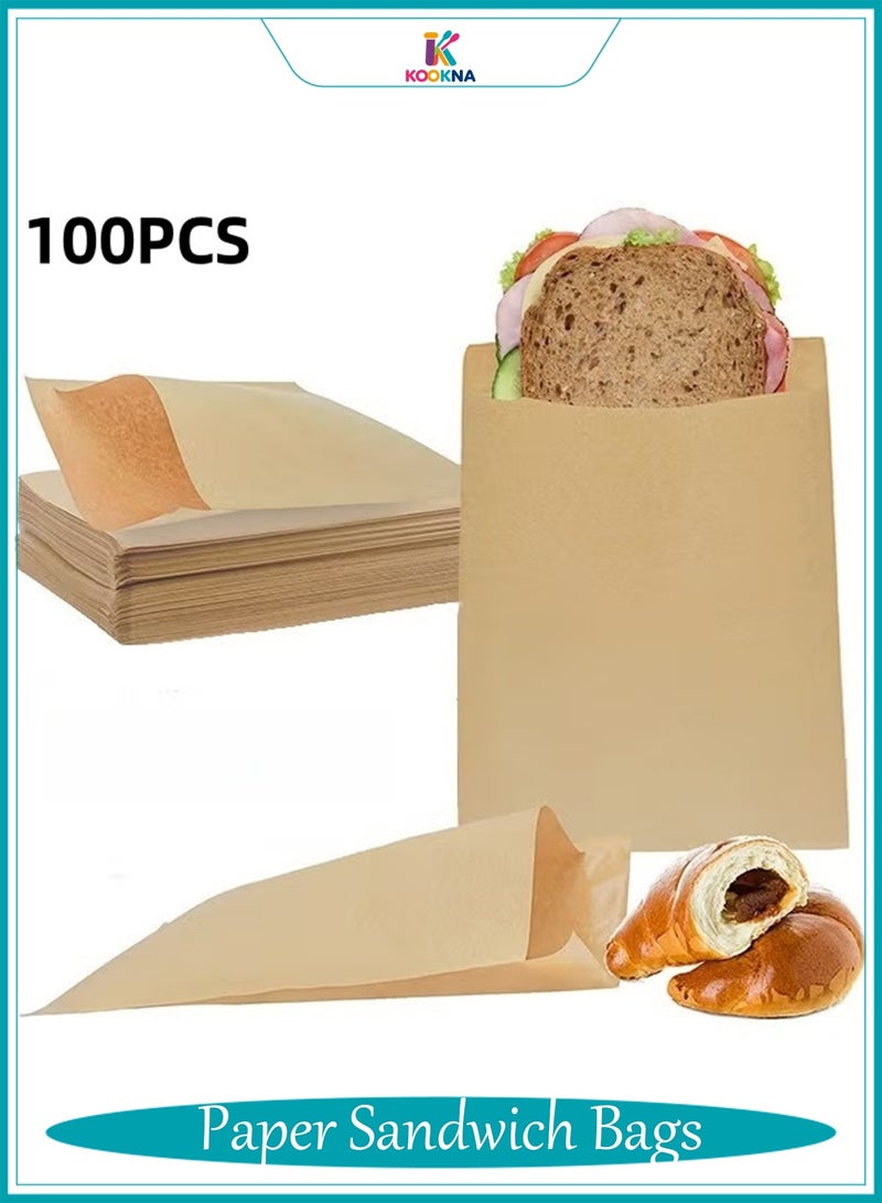 KOOKNA Food Bags,Paper Sandwich Bags, 100Pcs Greaseproof Food Bags for Bakery and Snacks, Disposable Paper Treat Bags for Cookie and Candies, Eco-Friendly for School and Picnic (Brown,15X20.3cm) - Image 1
