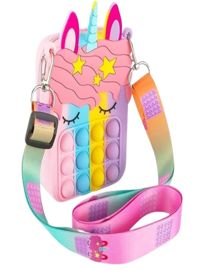 Silicone 1pcs Unicorn Sling Bag Pop It Fidget Small Travel Pouch Stress Relief Zipper Closer Sling Bag for Girls Storage Bag Adjustable Strap Crossbody Shoulder Bag Pop Sling Pouch (Multi)