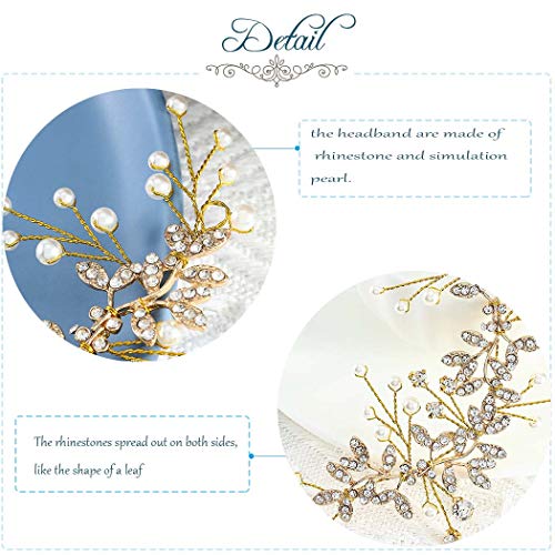 Unsutuo Bridal Crystal Headband Gold Rhinestone Hair Vine Pearls Wedding Accessories for Women and Girls(Gold) - Image 3